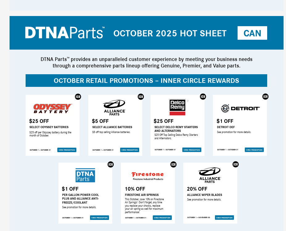 DTNAParts October 2025 Hot Sheet